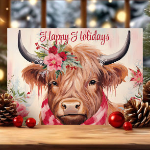 Cartes Pour Fêtes Annuelles Joyeuses vacances Floral Highland Vache Noël