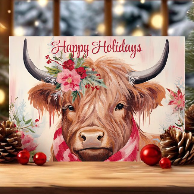 Cartes Pour Fêtes Annuelles Joyeuses vacances Floral Highland Vache Noël (Créateur téléchargé)