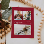 Cartes Pour Fêtes Annuelles Joyeuses vacances modernes | Trois photos centrées<br><div class="desc">Des vacances modernes et heureuses | carte de vacances 3 photos centrée sur le rouge est parfait pour votre minimaliste shabby chic boho rouge et blanc de vacances salutation. La calligraphie manuscrite minimaliste est délicate et rustique tout en restant élégante et élégante. Vous trouverez que tout ce qui concerne ce...</div>