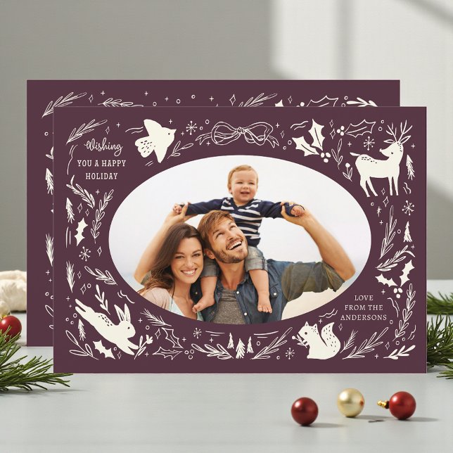 Cartes Pour Fêtes Annuelles Joyeuses vacances Noël Photo Woodland Doodle (Créateur téléchargé)