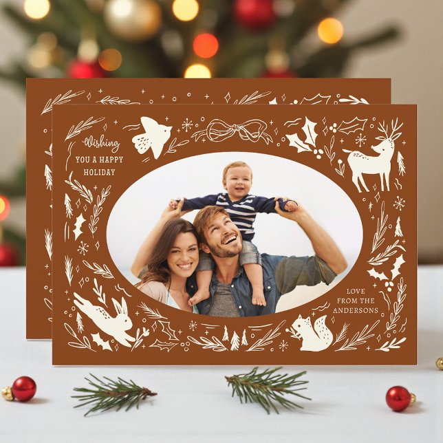 Cartes Pour Fêtes Annuelles Joyeuses vacances Noël Photo Woodland Doodle (Créateur téléchargé)