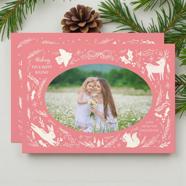 Cartes Pour Fêtes Annuelles Joyeuses vacances Noël Photo Woodland Doodle (Créateur téléchargé)