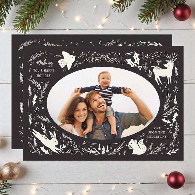 Cartes Pour Fêtes Annuelles Joyeuses vacances Noël Photo Woodland Doodle (Créateur téléchargé)