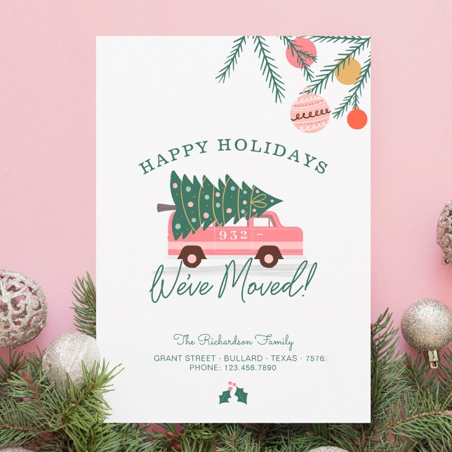 Cartes Pour Fêtes Annuelles Joyeuses vacances Nous avons déménagé Pink Van sap (Happy Holidays We've Moved Pink Van Christmas Tree Holiday Card)