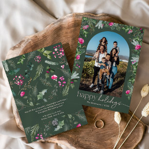 Cartes Pour Fêtes Annuelles Joyeuses vacances Pink Greenery Foliage Arch Photo