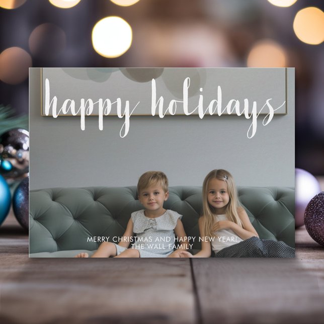 Cartes Pour Fêtes Annuelles Joyeuses vacances Pleine photo Script moderne (Modern Christmas Photo Greeting Card)
