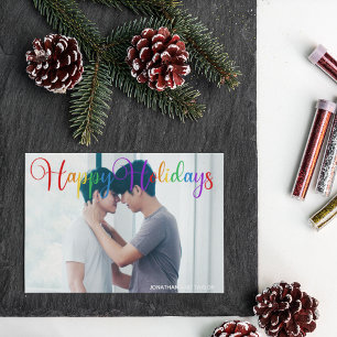 Cartes Pour Fêtes Annuelles Joyeuses vacances Rainbow Script Gay Couple Photo