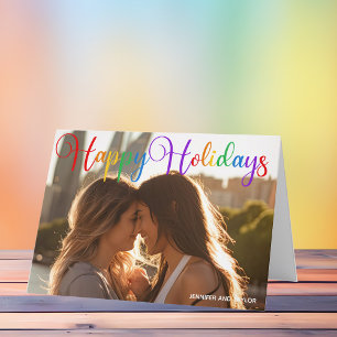 Cartes Pour Fêtes Annuelles Joyeuses vacances Rainbow Script LGBT Couple Photo