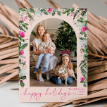 Cartes Pour Fêtes Annuelles Joyeuses Vacances Roses Vierges Bleues Arc 1 Photo<br><div class="desc">Cette collection présente des fleurs rose vif d'aquarelle,  des baies et de la verdure hivernale avec typographie moderne et élégante,  avec un motif botanique d'hiver.</div>