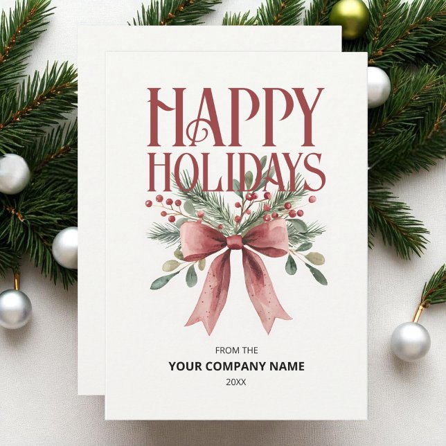 Cartes Pour Fêtes Annuelles Joyeuses Vacances Rouge Aquarelle Bow Business Log (Happy Holidays Red Watercolor Bow Business Logo Holiday Card)