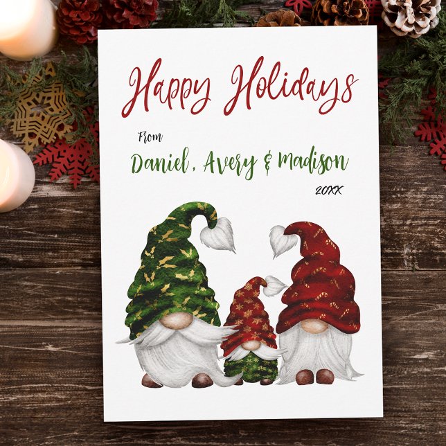 Cartes Pour Fêtes Annuelles Joyeuses vacances Rustique aquarelle Famille Gnome (Available in high quality print or digital download for quick text messaging, email or self print.)
