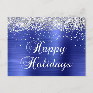Cartes Pour Fêtes Annuelles Joyeuses vacances Silver Glittery Faux Blue Foil