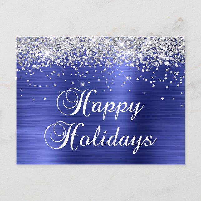 Cartes Pour Fêtes Annuelles Joyeuses vacances Silver Glittery Faux Blue Foil (Devant)