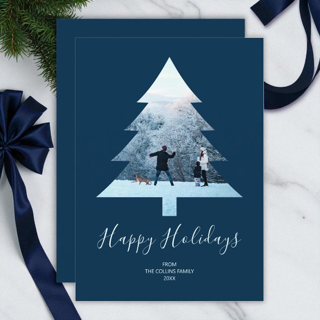 Cartes Pour Fêtes Annuelles Joyeuses vacances Simple Bleu Arbre de Noël Photo (Happy Holidays Simple Blue Christmas Tree Photo Holiday Card)