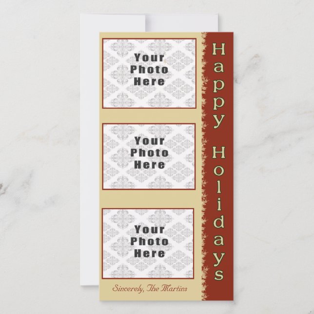 Cartes Pour Fêtes Annuelles Joyeuses vacances Tan/Rouge 3 Photo 4x8 (Devant)