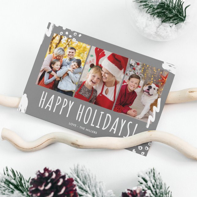 Cartes Pour Fêtes Annuelles Joyeuses vacances Trois photos Noël de famille (Happy Holidays Three Photo Family Christmas Holiday Card)