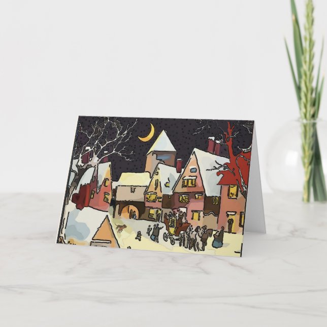 Cartes Pour Fêtes Annuelles Joyeuses vacances, Village d'hiver avec Dachshunds (Devant)