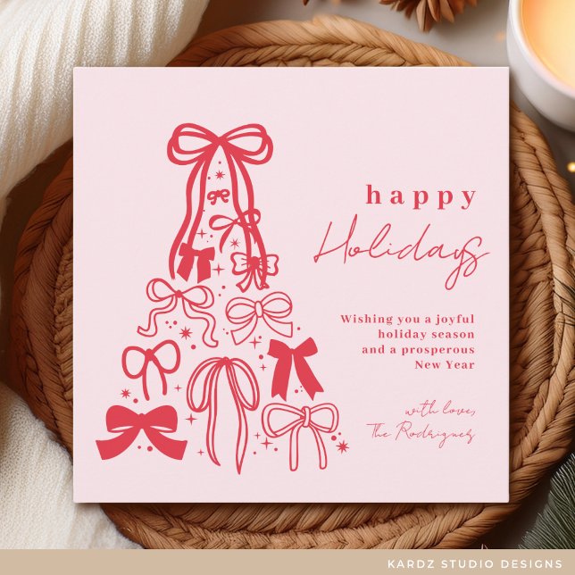 Cartes Pour Fêtes Annuelles Joyeuses vacances Whimsical Bow rose rouge (Holiday card shown in 5.25 inches, squared. Personalize and choose paper and corner style or digital)