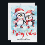 Cartes Pour Fêtes Annuelles Joyeuses vibes mignonnes pingouins Bleu Rouge Noël<br><div class="desc">Laissez cette carte de vacances festive bleue et rouge qui comprend des patineurs de pingouins mignons vous aider à envoyer à vos proches les souhaits et salutations les plus chauds. Cette joyeuse carte de Noël avec le dicton "Joyeuses Vibes" a un texte modèle où vous pouvez taper vos salutations, nom...</div>