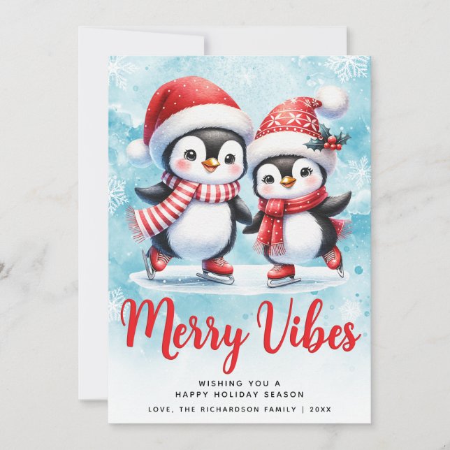 Cartes Pour Fêtes Annuelles Joyeuses vibes mignonnes pingouins Bleu Rouge Noël (Devant)