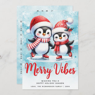 Cartes Pour Fêtes Annuelles Joyeuses vibes mignonnes pingouins Bleu Rouge Noël