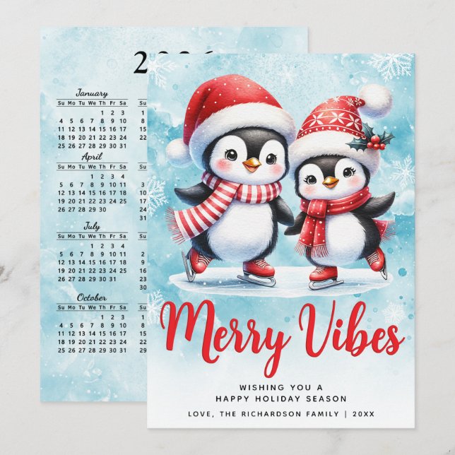 Cartes Pour Fêtes Annuelles Joyeuses vibes mignonnes pingouins Bleu Rouge Noël (Devant / Derrière)