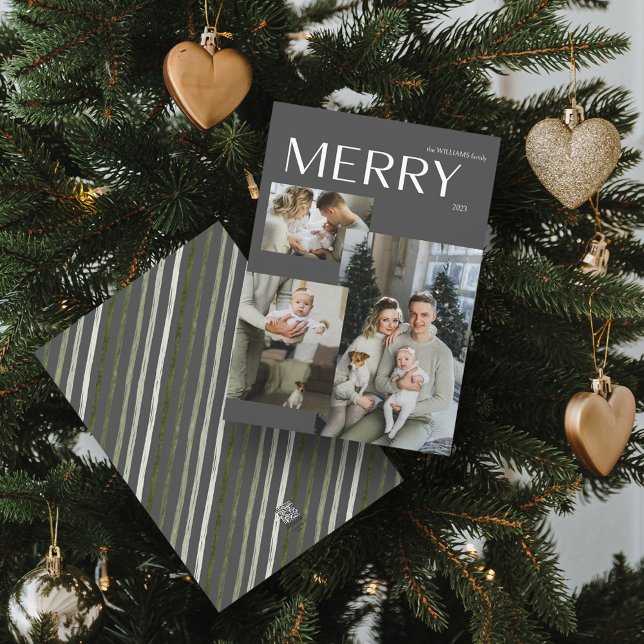 Cartes Pour Fêtes Annuelles Joyeux 3 Photo Collage moderne gris Noël (Spread Cheer! Customize Your 'MERRY' Photo Holiday Card 📷🎄 [Upload Here])