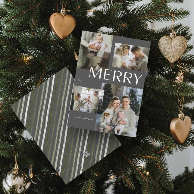 Cartes Pour Fêtes Annuelles Joyeux 4 Photo Collage moderne gris Noël (Spread Cheer! Customize Your 'MERRY' Photo Holiday Card 📷🎄 [Upload Here])