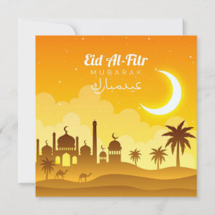 Cartes Pour Fêtes Annuelles Joyeux Aïd Moubarak Croissant Mosquée Camel Jaune