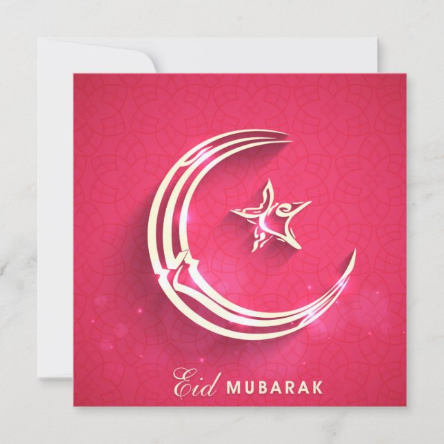 Cartes Pour Fêtes Annuelles Joyeux Aïd Moubarak Croissant rose et blanc et éto (Devant)