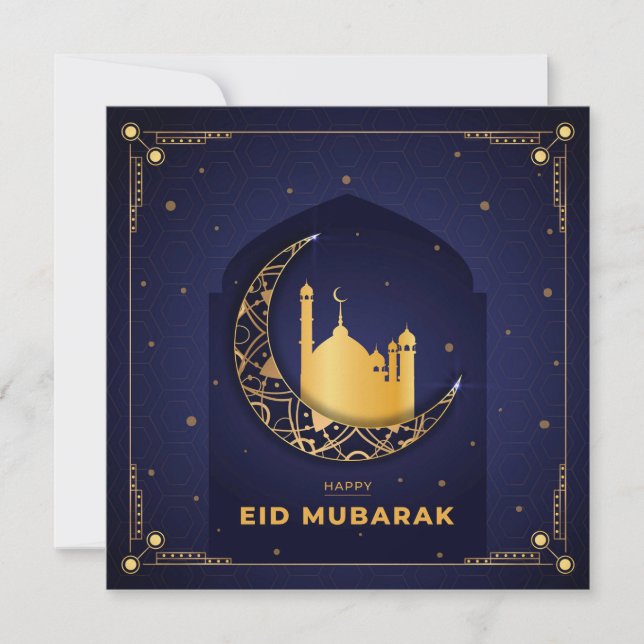 Cartes Pour Fêtes Annuelles Joyeux Aïd Moubarak Gold Croissant Star Mosquée Bl (Devant)