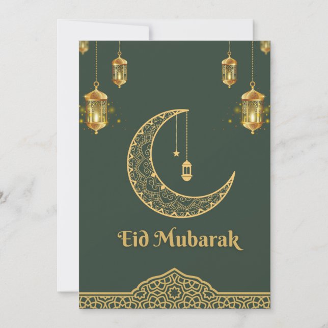 Cartes Pour Fêtes Annuelles Joyeux Aïd Moubarak vert foncé et croissant doré (Devant)