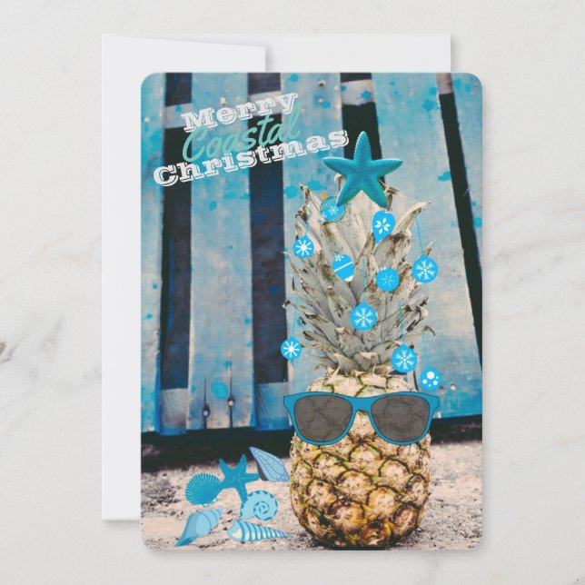 Cartes Pour Fêtes Annuelles Joyeux ananas de Noël côtier sur la plage (Devant)