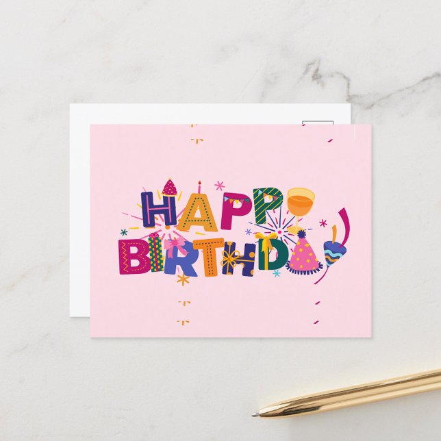Cartes Pour Fêtes Annuelles Joyeux anniversaire (Happy Birthday Text Colorful Font on Pink Background!)