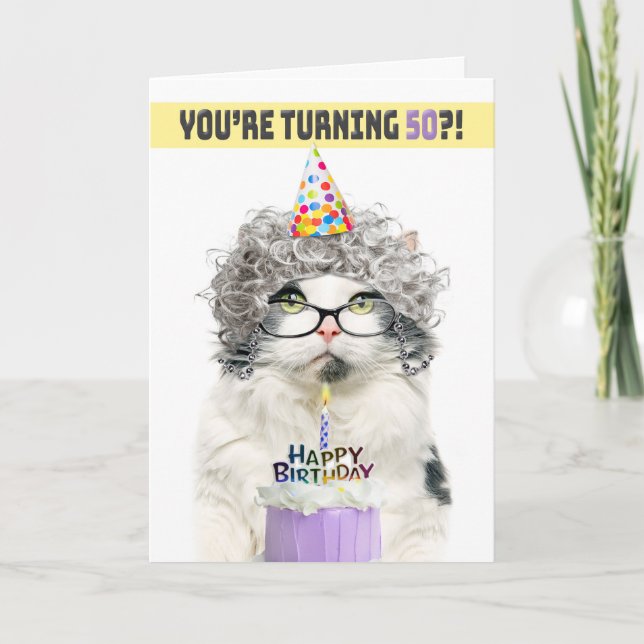 Cartes Pour Fêtes Annuelles Joyeux Anniversaire 50ème Funny Vieux Chat-Dame en (Devant)