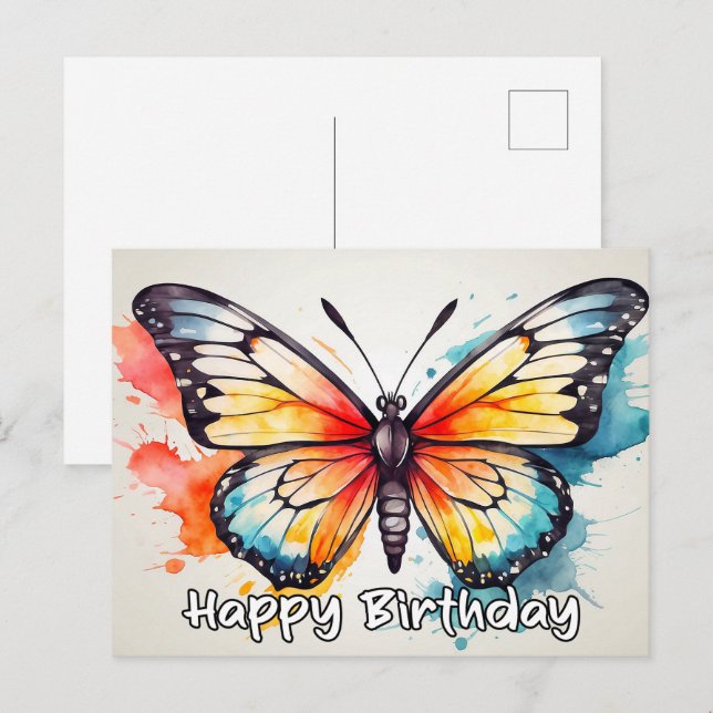 Cartes Pour Fêtes Annuelles Joyeux anniversaire aquarelle papillon Doodle Art (Devant / Derrière)