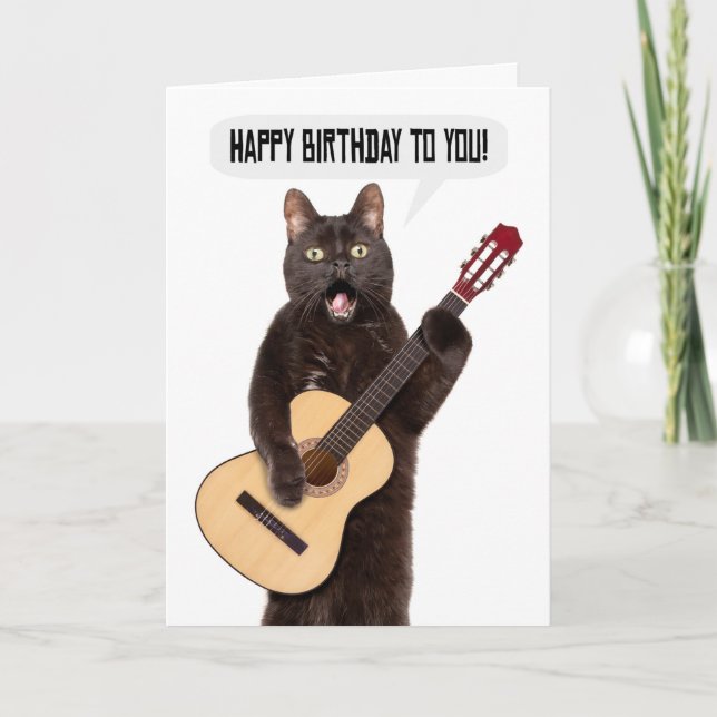 Cartes Pour Fêtes Annuelles Joyeux Anniversaire Chat chantant et jouant de la  (Devant)