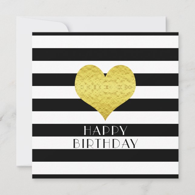 Cartes Pour Fêtes Annuelles Joyeux Anniversaire Gold Heart Black White Stripes (Devant)