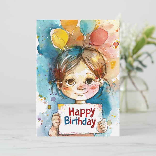 Cartes Pour Fêtes Annuelles Joyeux anniversaire mignonne fille avec ballons (Debout devant)