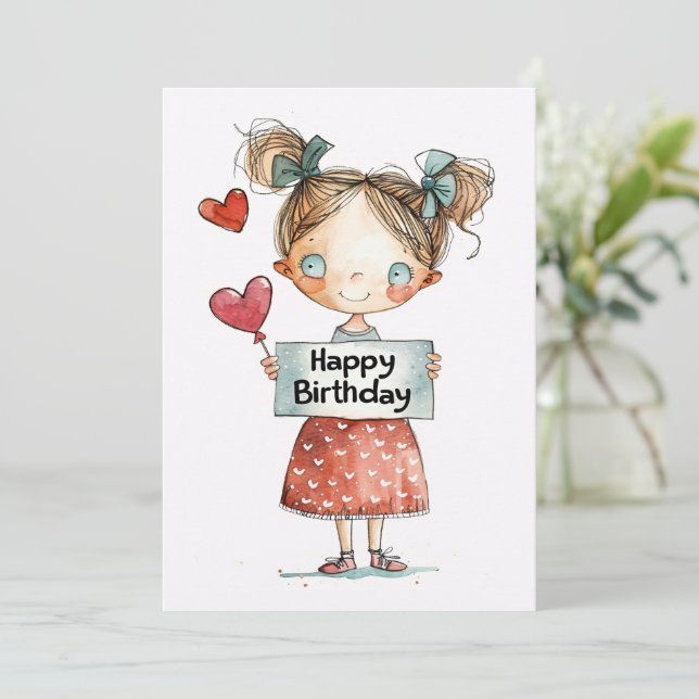 Cartes Pour Fêtes Annuelles Joyeux anniversaire mignonne fille avec ballons (Debout devant)