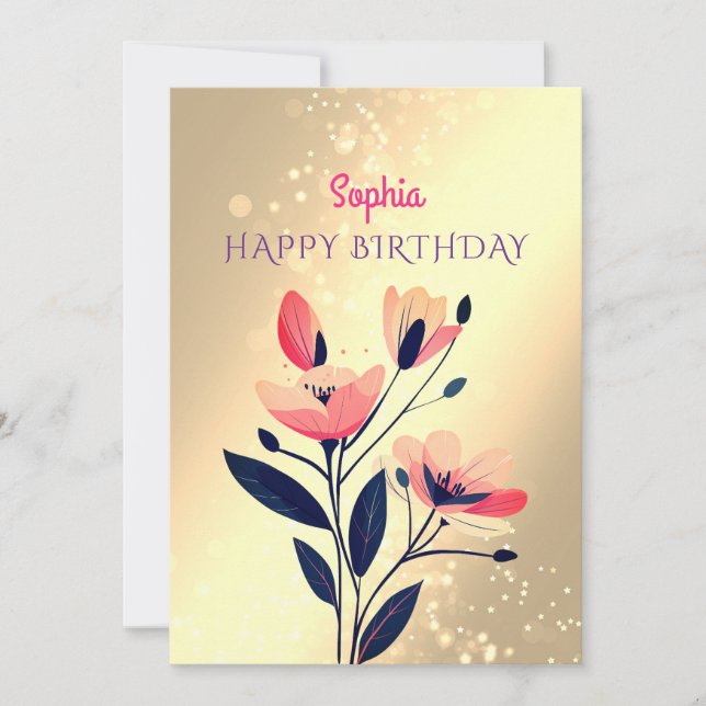 Cartes Pour Fêtes Annuelles Joyeux Anniversaire, Nom, Message, Fleurs sur Or (Devant)