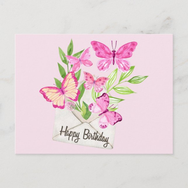 Cartes Pour Fêtes Annuelles Joyeux Anniversaire Papillons rose, Feuille (Devant)