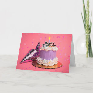 Cartes Pour Fêtes Annuelles Joyeux Anniversaire Purple et gâteau rose avec bou