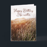Cartes Pour Fêtes Annuelles Joyeux anniversaire Step-Mother - Rustic Birthday<br><div class="desc">Carte d'anniversaire personnalisée avec photo de coucher de soleil rustique avec "Happy Birthday Step-Mother" en typographie script. Intérieur et dos colorés. Également disponible pour Téléchargement Instant pour partager facilement avec vos amis et votre famille.</div>