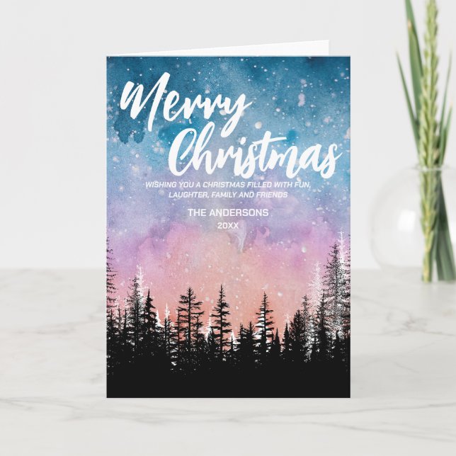 Cartes Pour Fêtes Annuelles Joyeux arbre de Noël Forêt de script de nuit (Devant)
