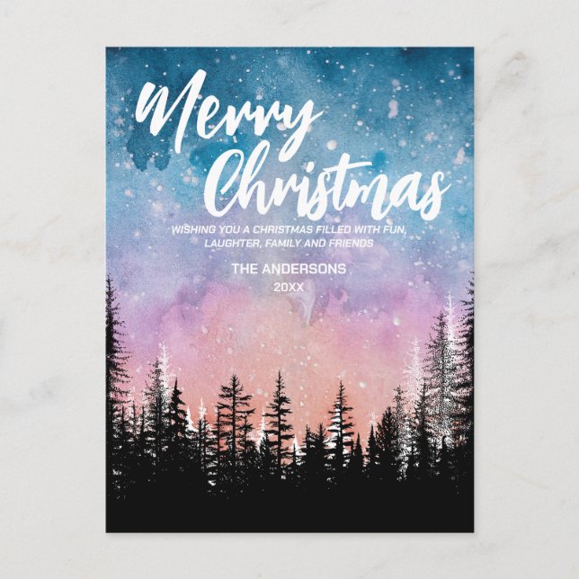 Cartes Pour Fêtes Annuelles Joyeux arbre de Noël Forêt de script de nuit (Devant)