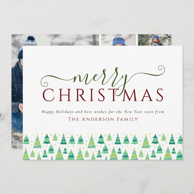 Cartes Pour Fêtes Annuelles Joyeux arbres de Noël 4 Famille de photos (Devant / Derrière)