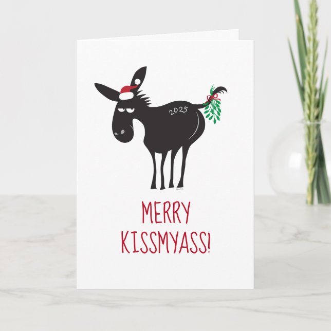 Cartes Pour Fêtes Annuelles Joyeux BaiserMonCul ! Âne avec du Gui (Devant)
