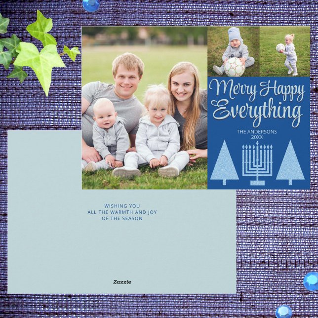 Cartes Pour Fêtes Annuelles Joyeux bleu interconfessionnel Arbre Menorah Cute  (Cute Merry Happy Everything holiday cards with Christmas trees and Hanukkah menorahs)