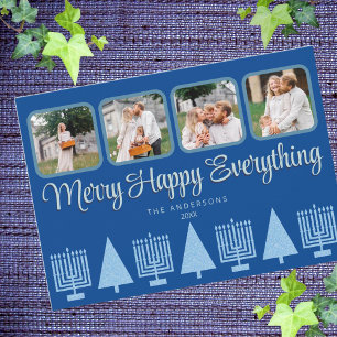 Cartes Pour Fêtes Annuelles Joyeux bleu interconfessionnel Menorah Tree mignon